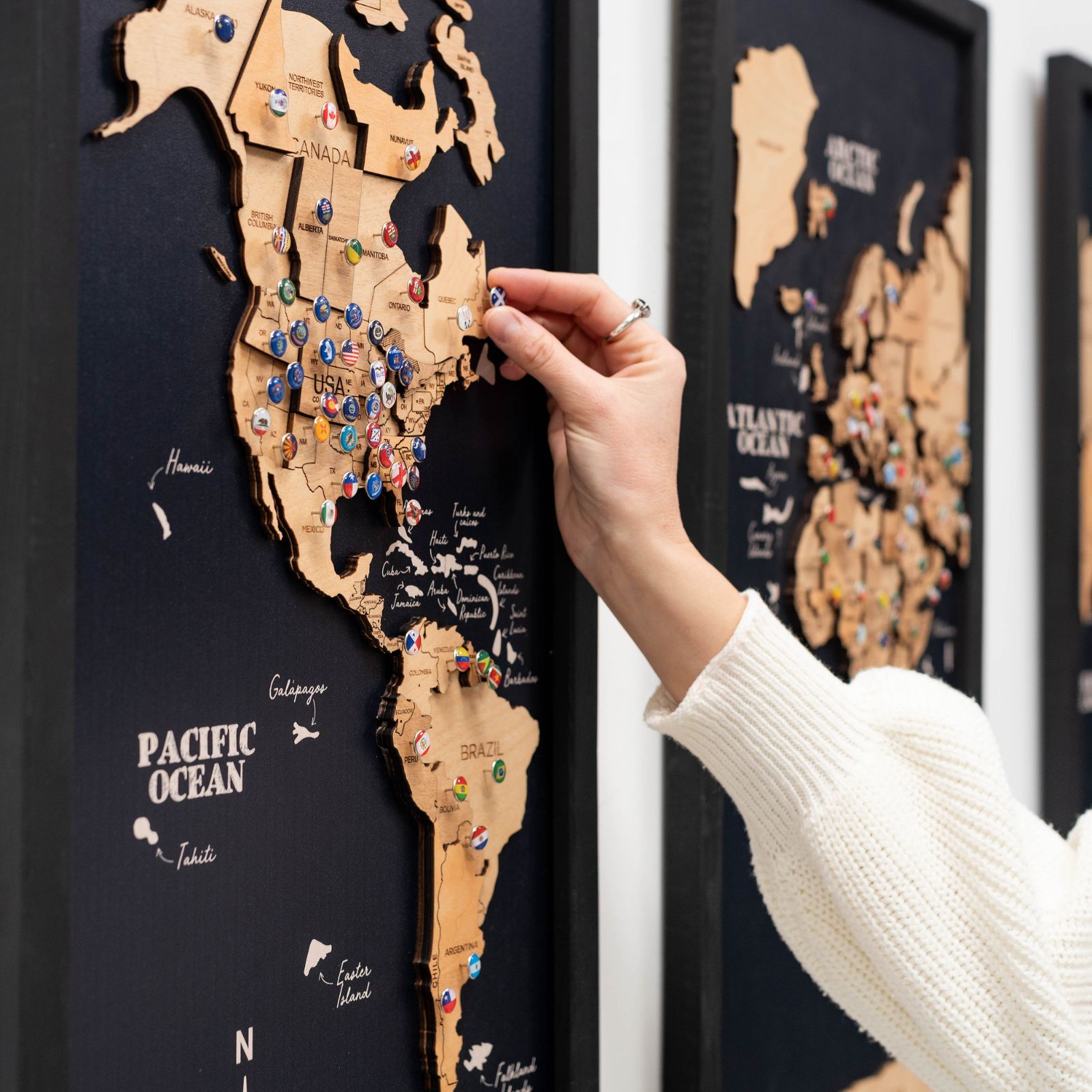 3D Wooden Triptych World Map Gold Wall Art Decor