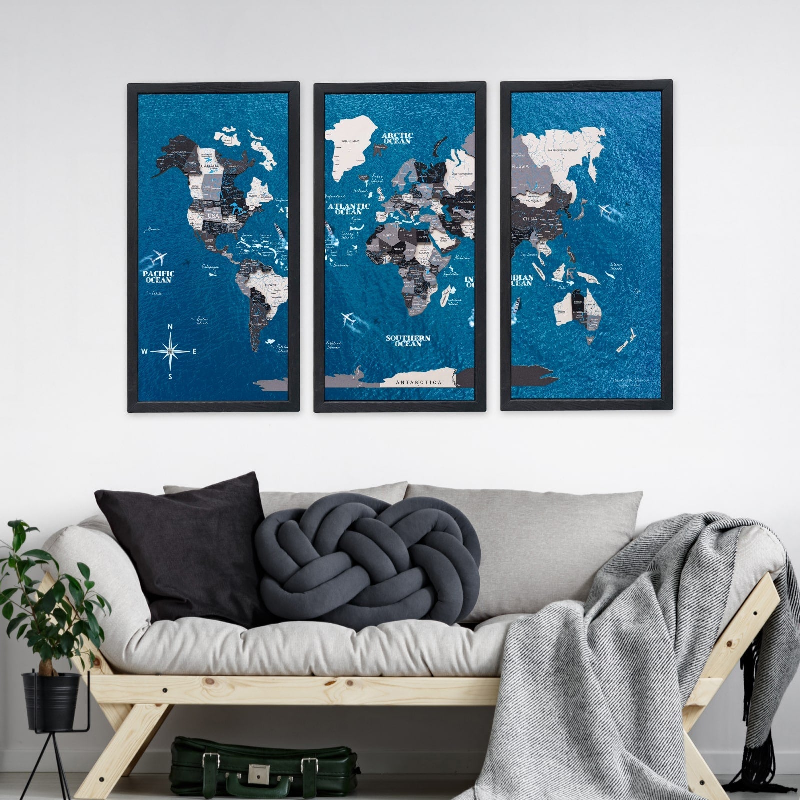 Triptych Wooden World Map Wall Art in Nordik Finish - additional view 9