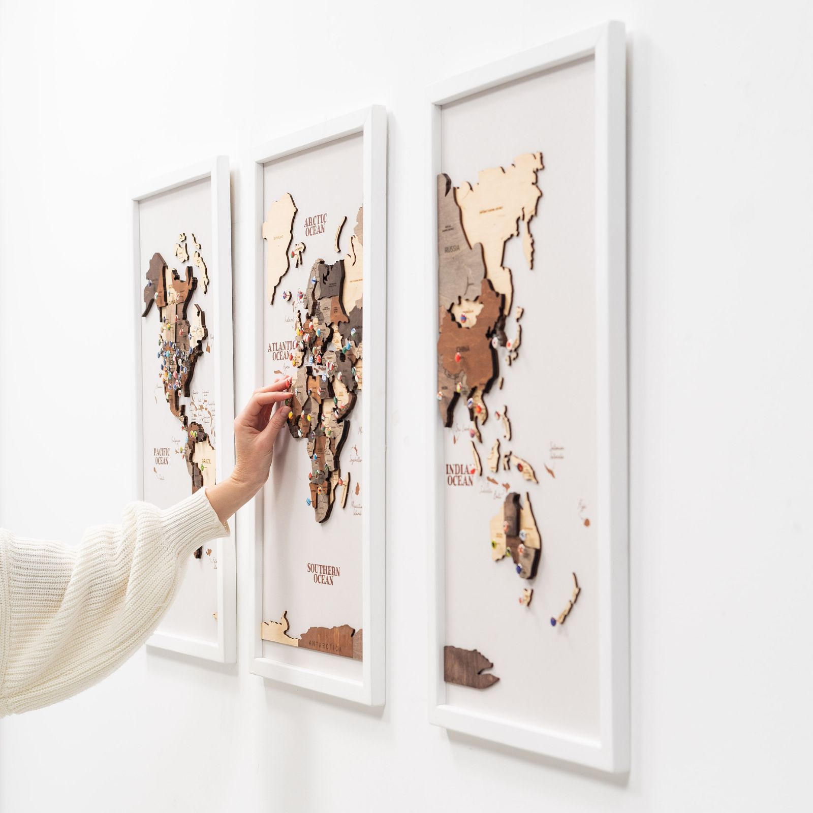 3D Wooden Triptych World Map Multicolor Modern Wall Art