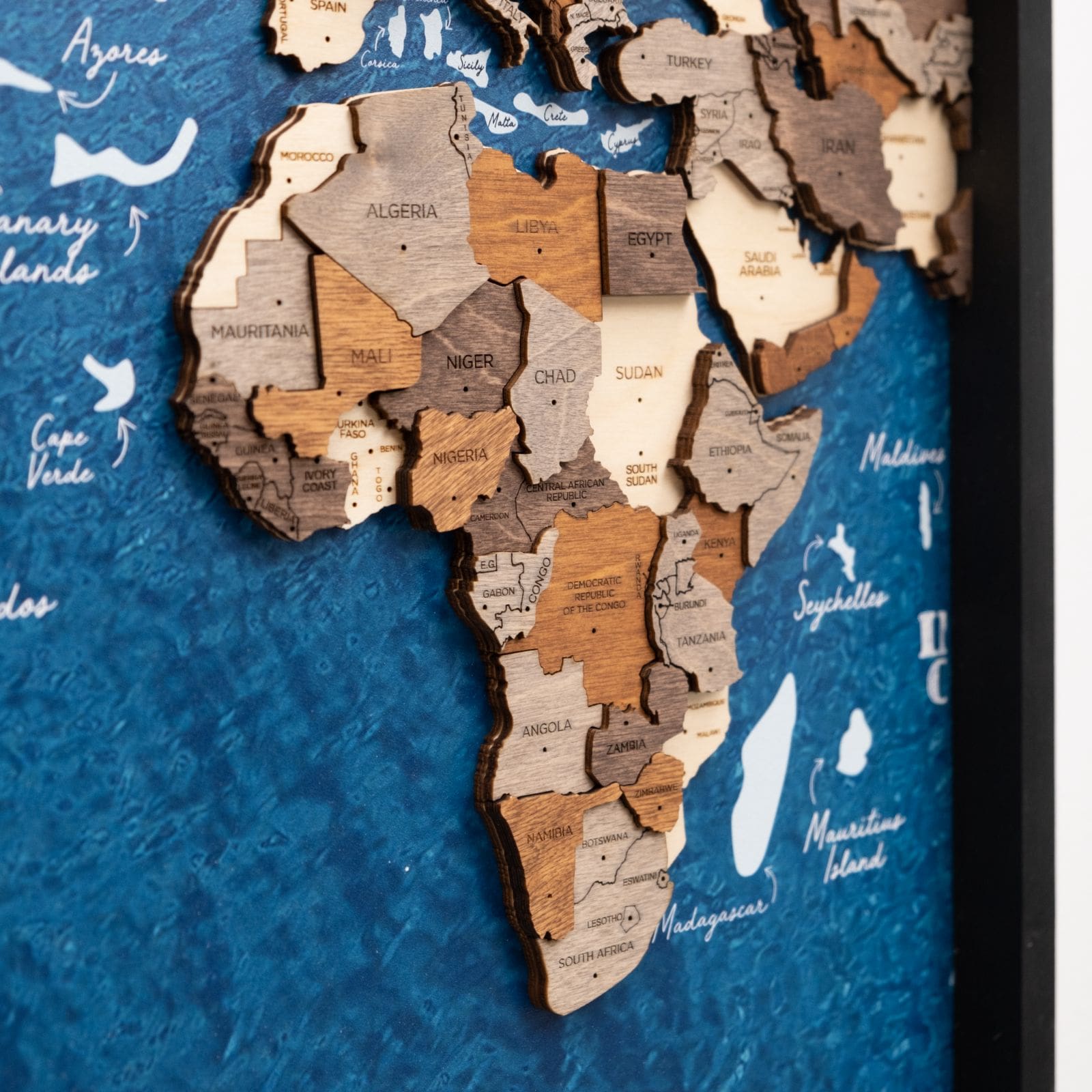 3D Wooden Triptych World Map Multicolor Modern Wall Art