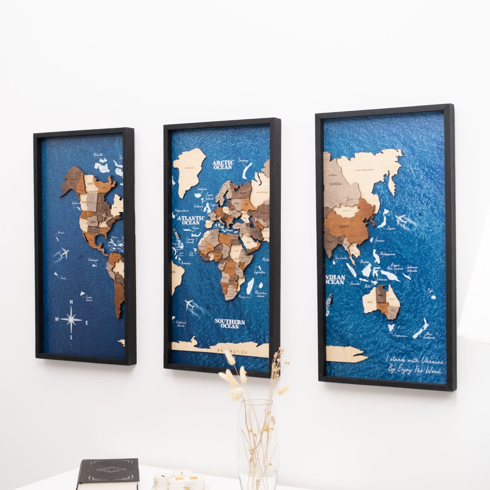 3D Wooden Triptych World Map Multicolor Modern Wall Art