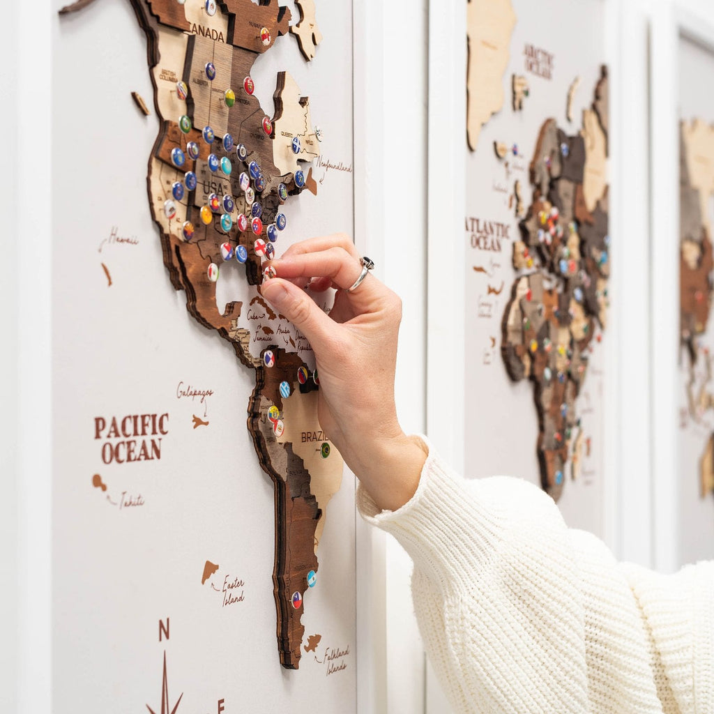 3D Wooden Triptych World Map Multicolor Modern Wall Art