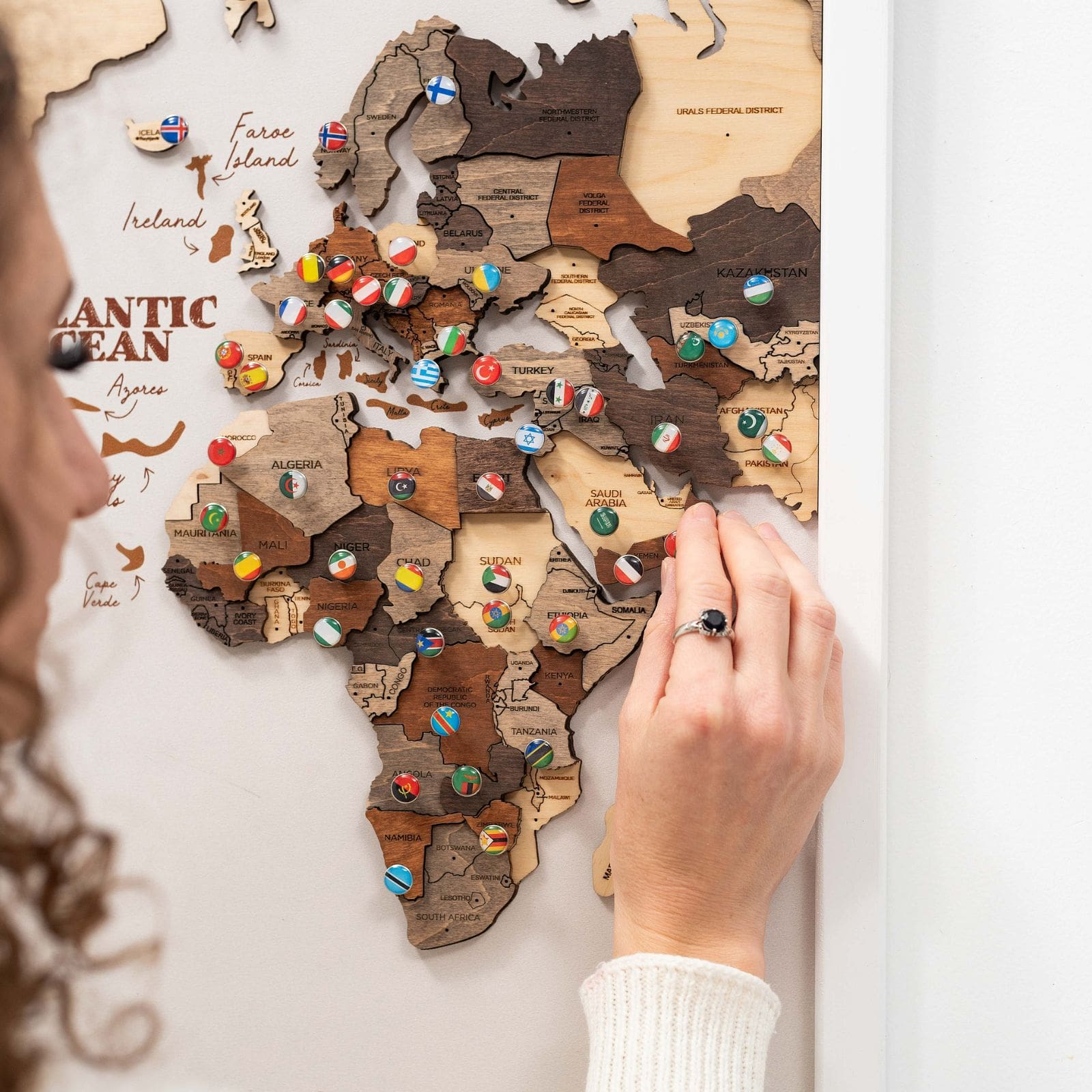 3D Wooden Triptych World Map Multicolor Modern Wall Art