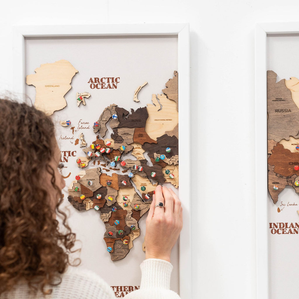 3D Wooden Triptych World Map Multicolor Modern Wall Art