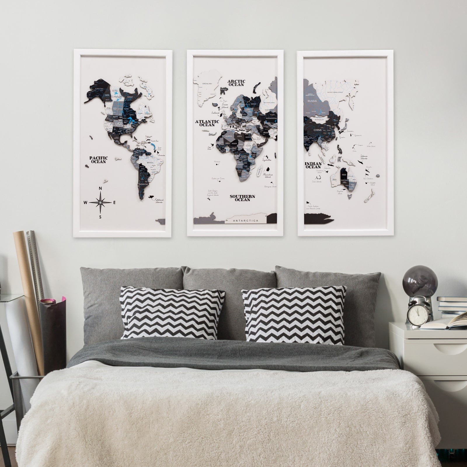 Triptych Wooden World Map Wall Art in Nordik Finish