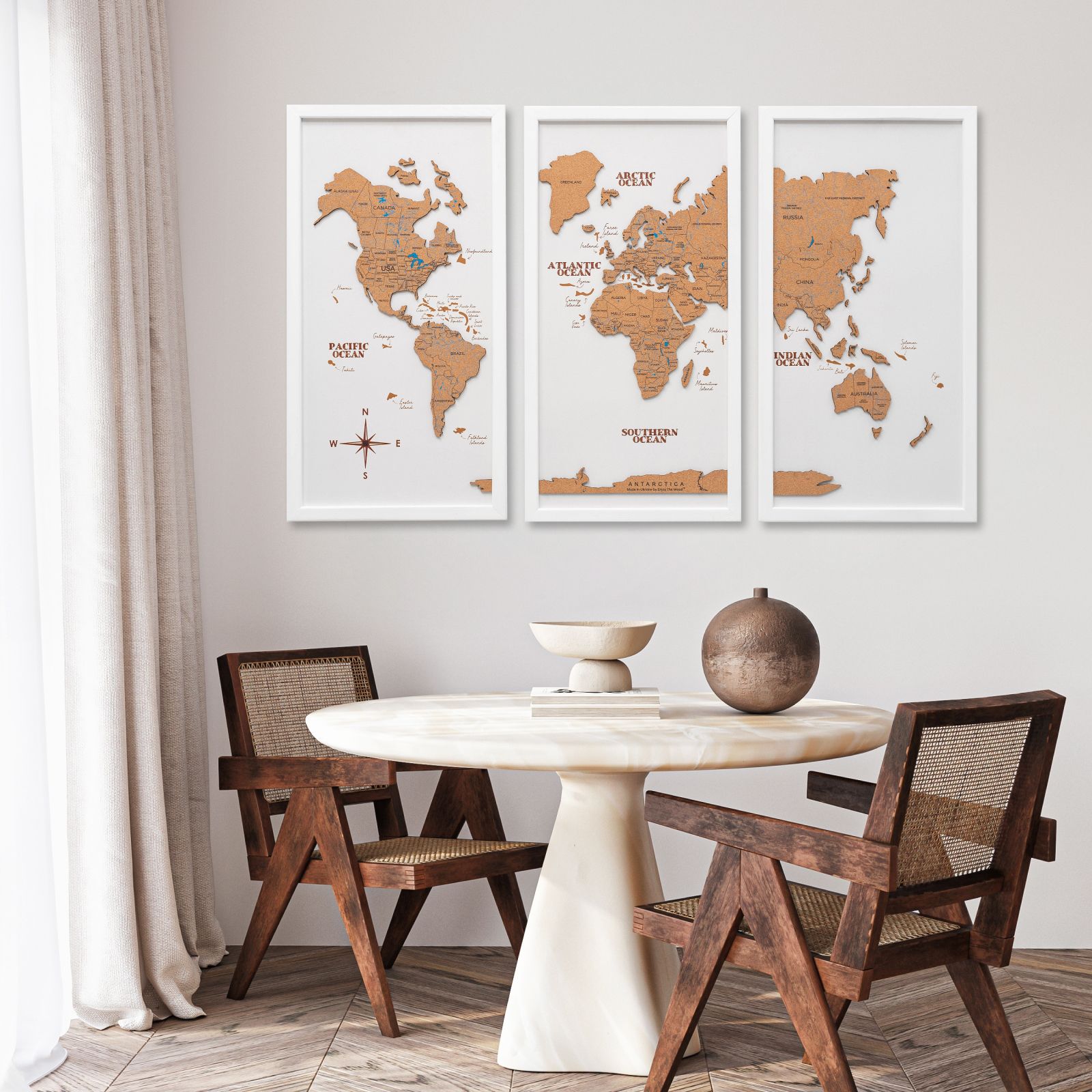Cork World Map Triptych - White Modern Wall Art Decor