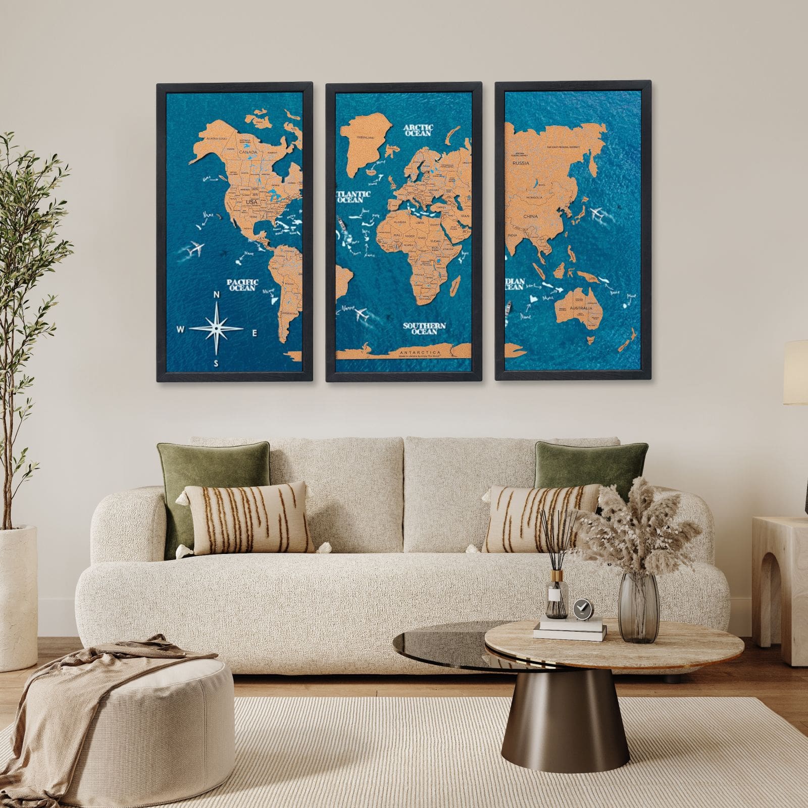 Cork World Map Triptych - White Modern Wall Art Decor