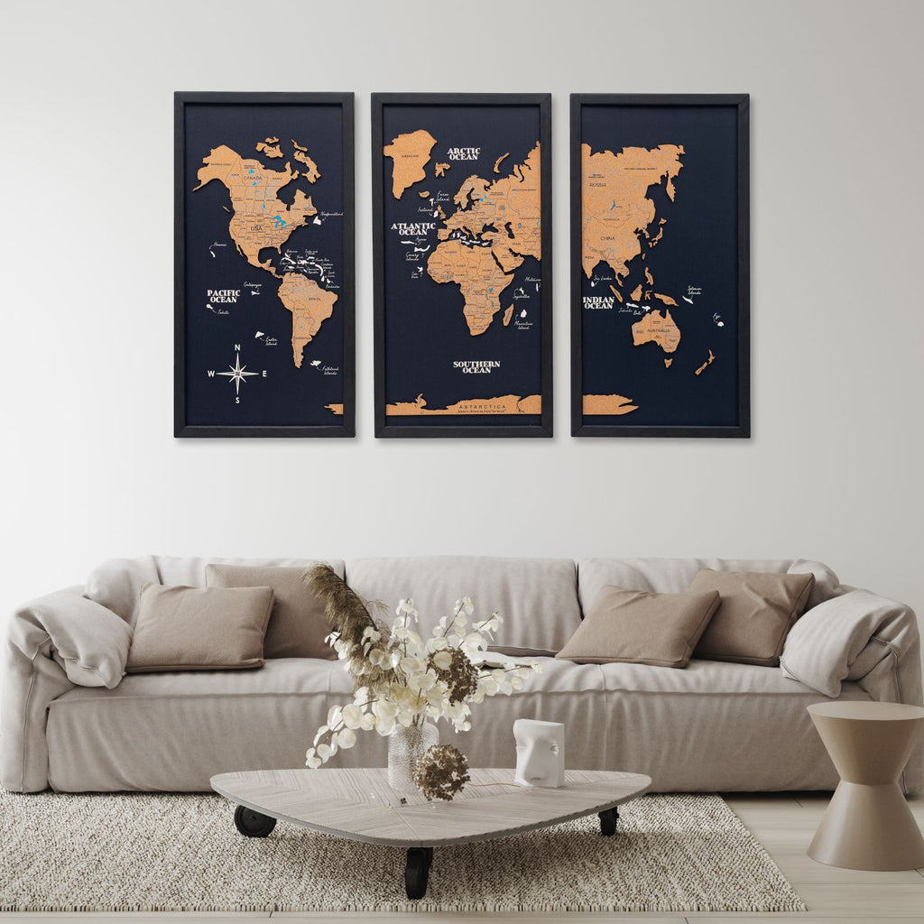 Cork World Map Triptych - White Modern Wall Art Decor