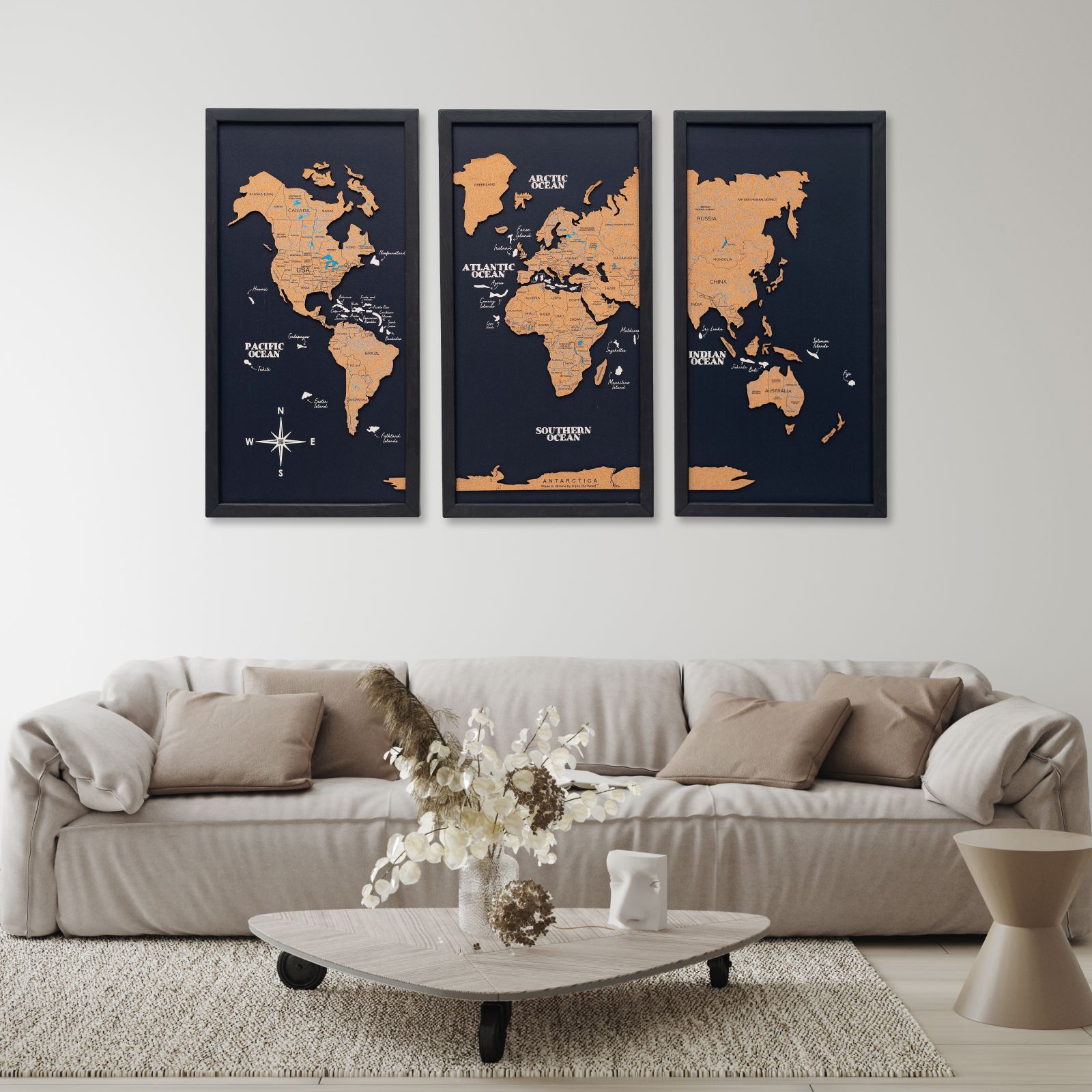 Cork World Map Triptych Wall Art - Black 3-Piece Map Decor