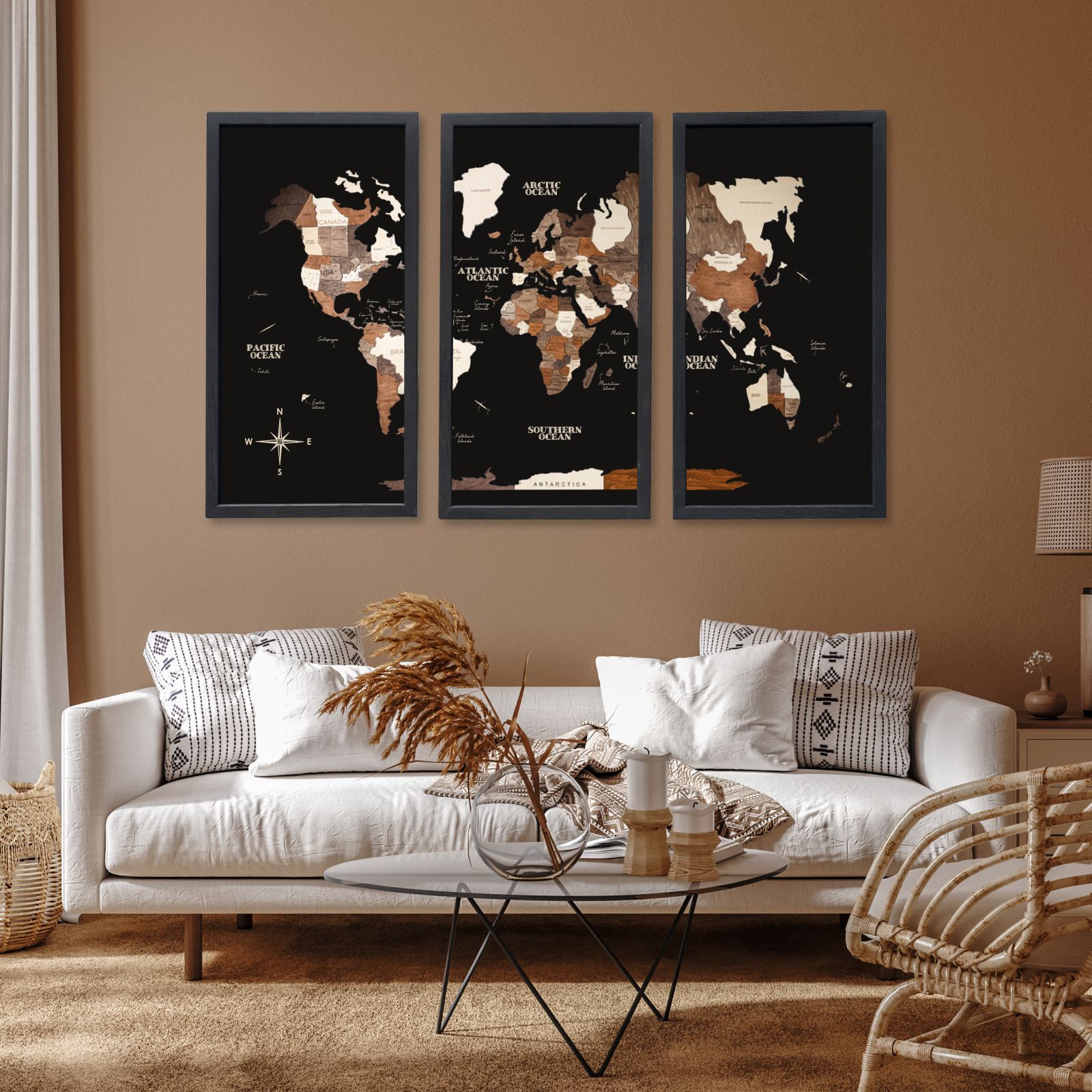 3D Wooden Triptych World Map Multicolor Modern Wall Art