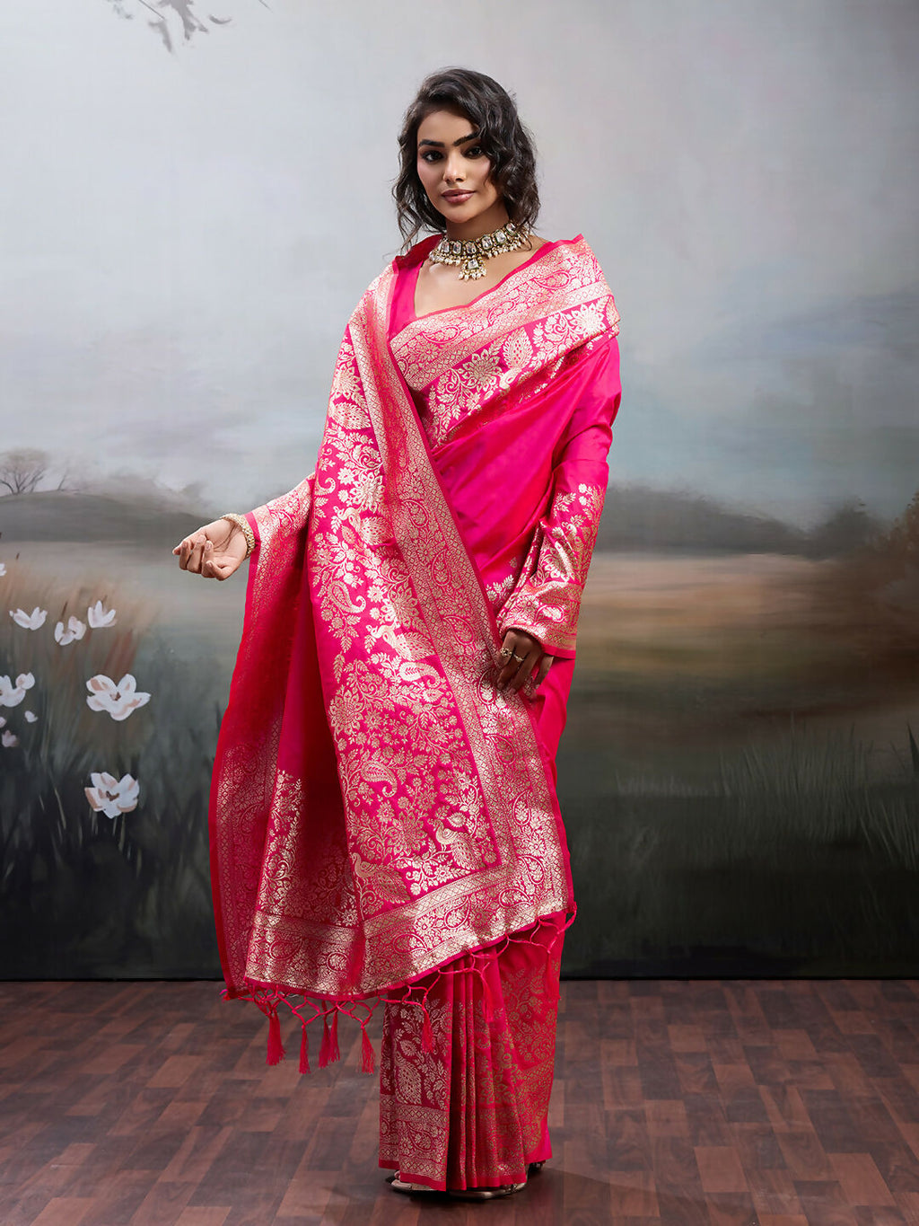 Pink Silk Blend Saree with Matching Blouse Piece