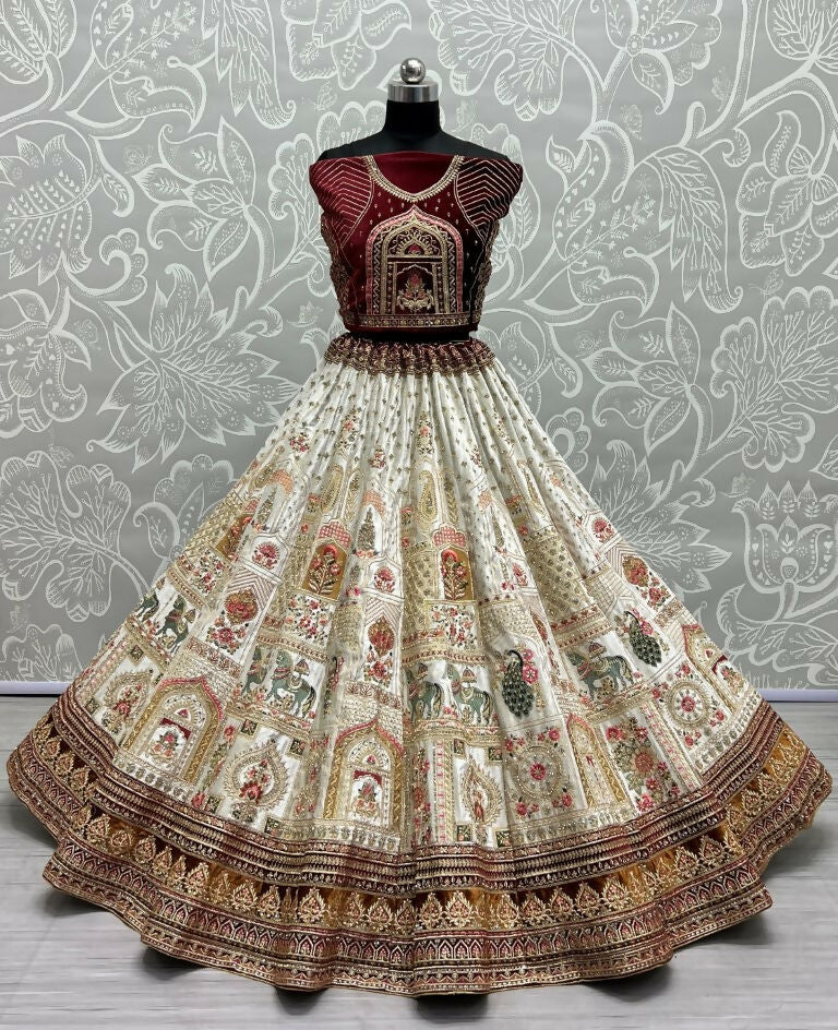 White Velvet Wedding Lehenga Choli with Multi Thread & Diamond Work