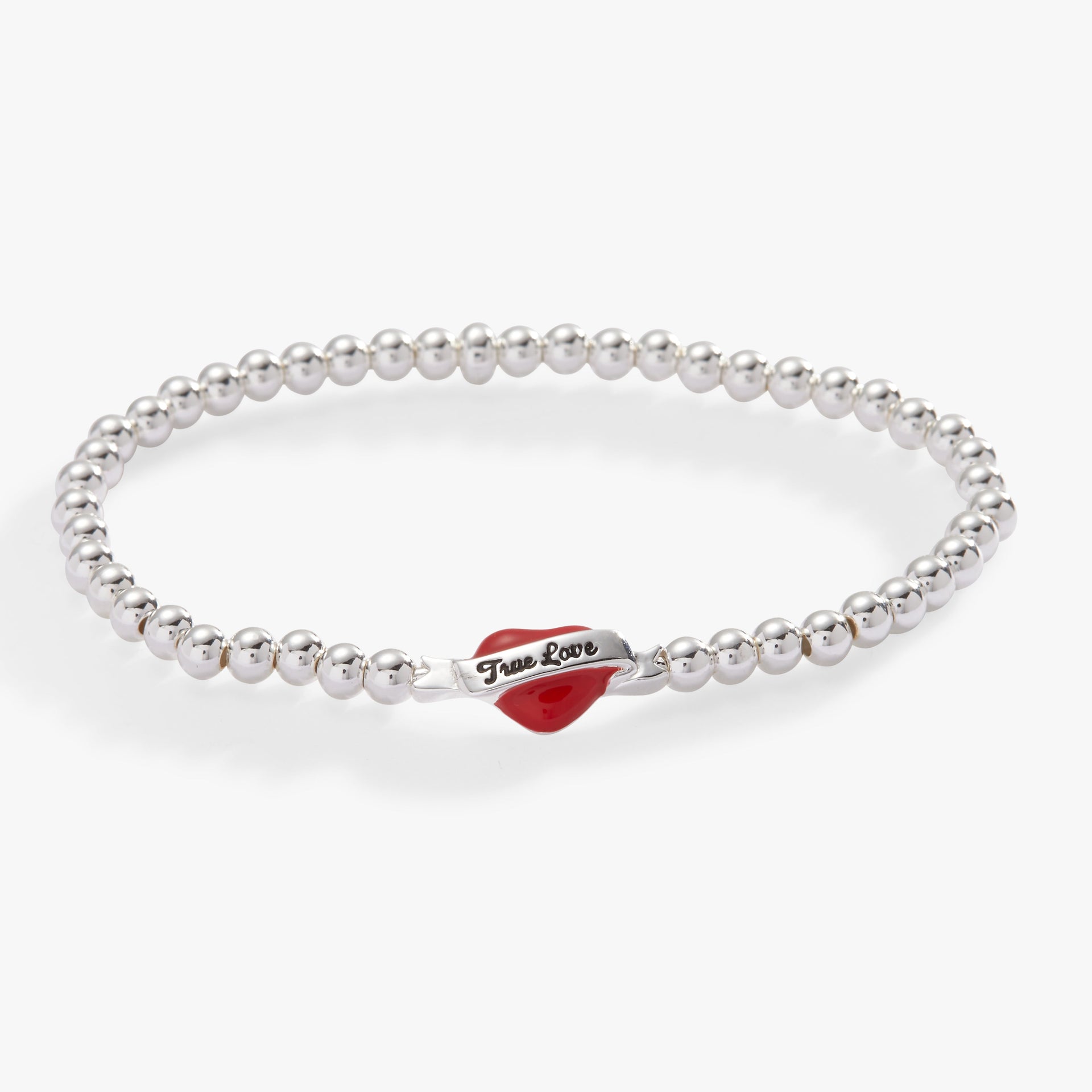 A stretch bracelet with a central heart charm featuring the inscription 'true love'.