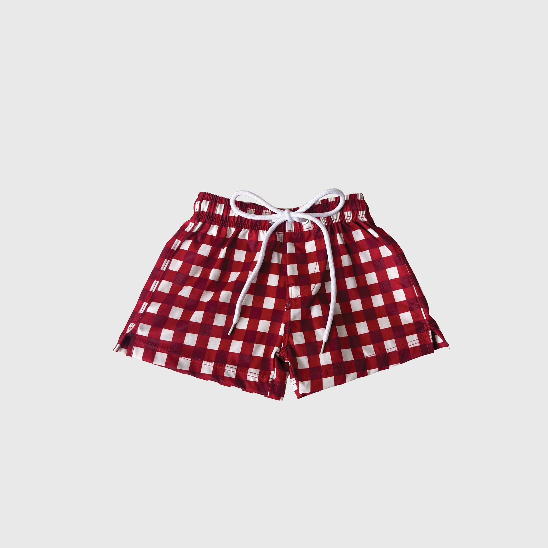 Kids scarlet and white gingham pattern board shorts for beach and pool