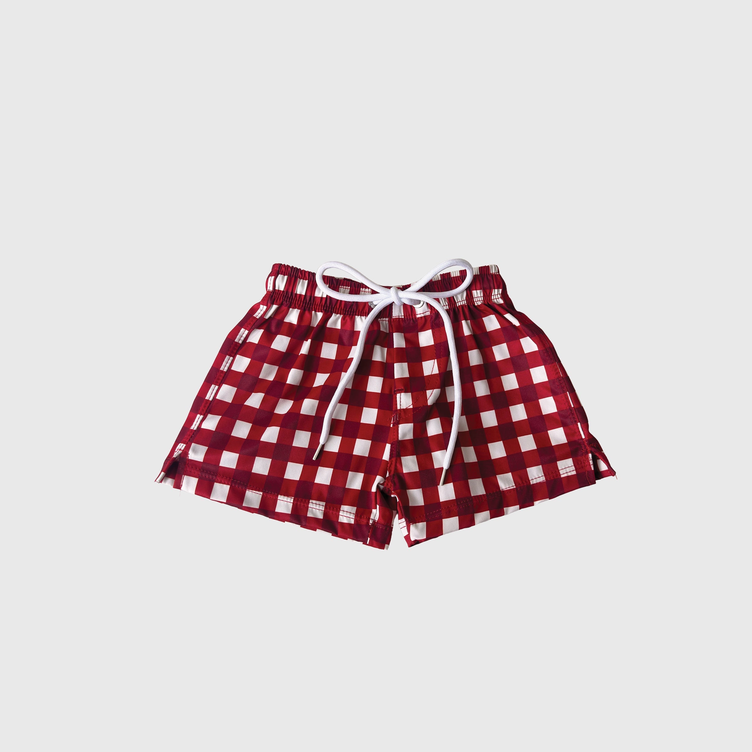 Kids scarlet and white gingham pattern board shorts for beach and pool