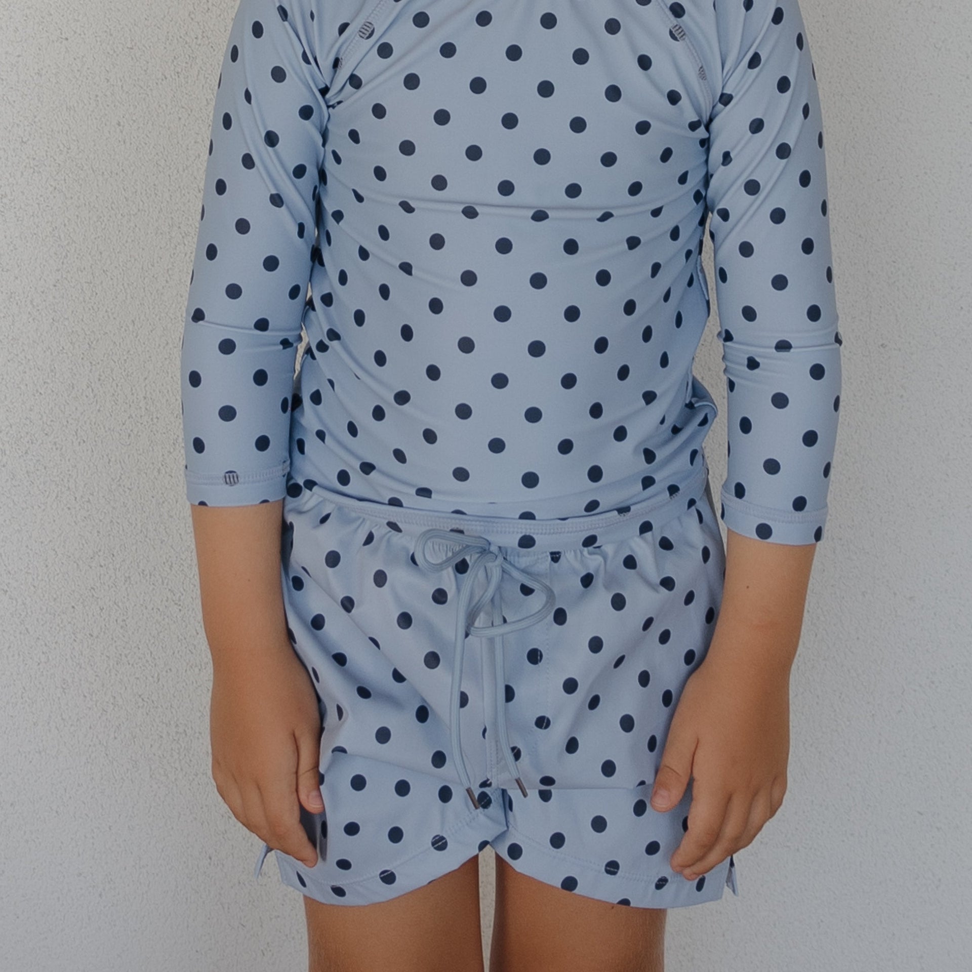 Kids Board Shorts in Sully Blue Polka Dot Print