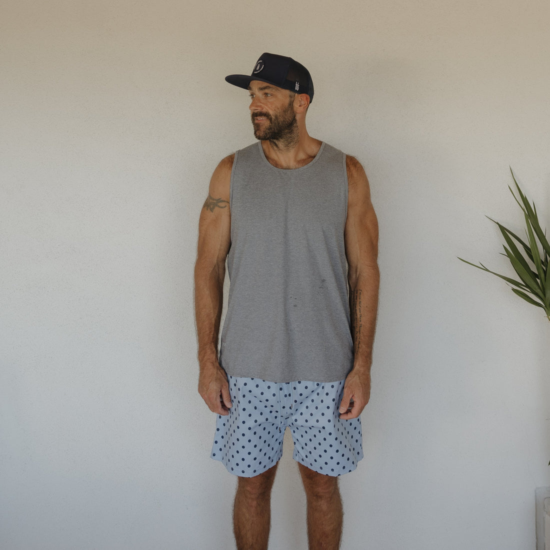 Men's Polka Dot Board Shorts in Navy and Light Blue