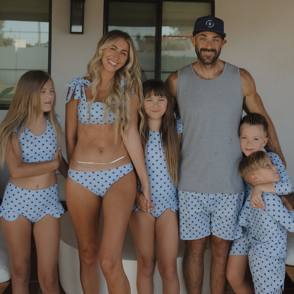 Men's Polka Dot Board Shorts in Navy and Light Blue