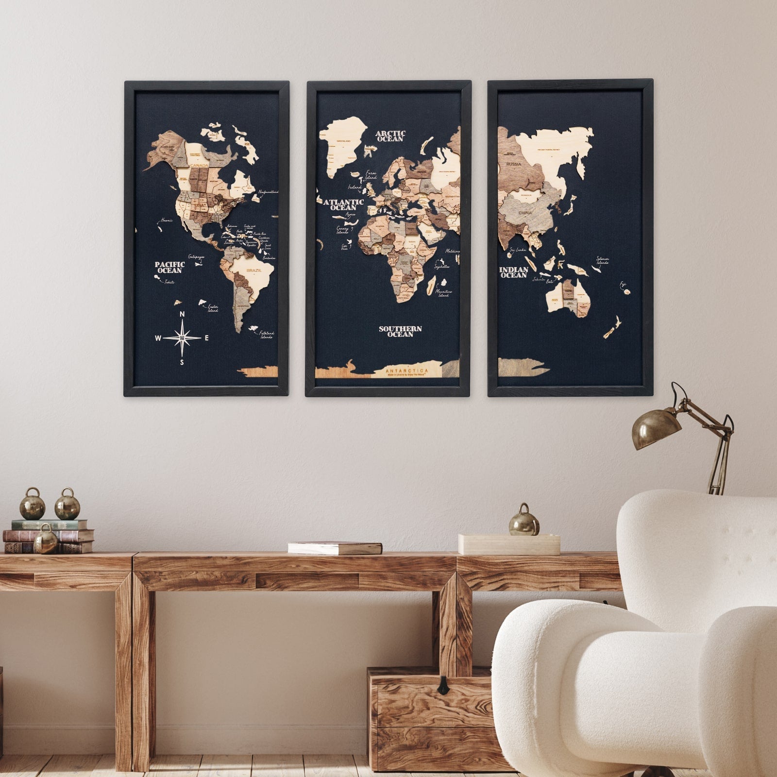 Triptych Wooden World Map Wall Art in Smokey Finish