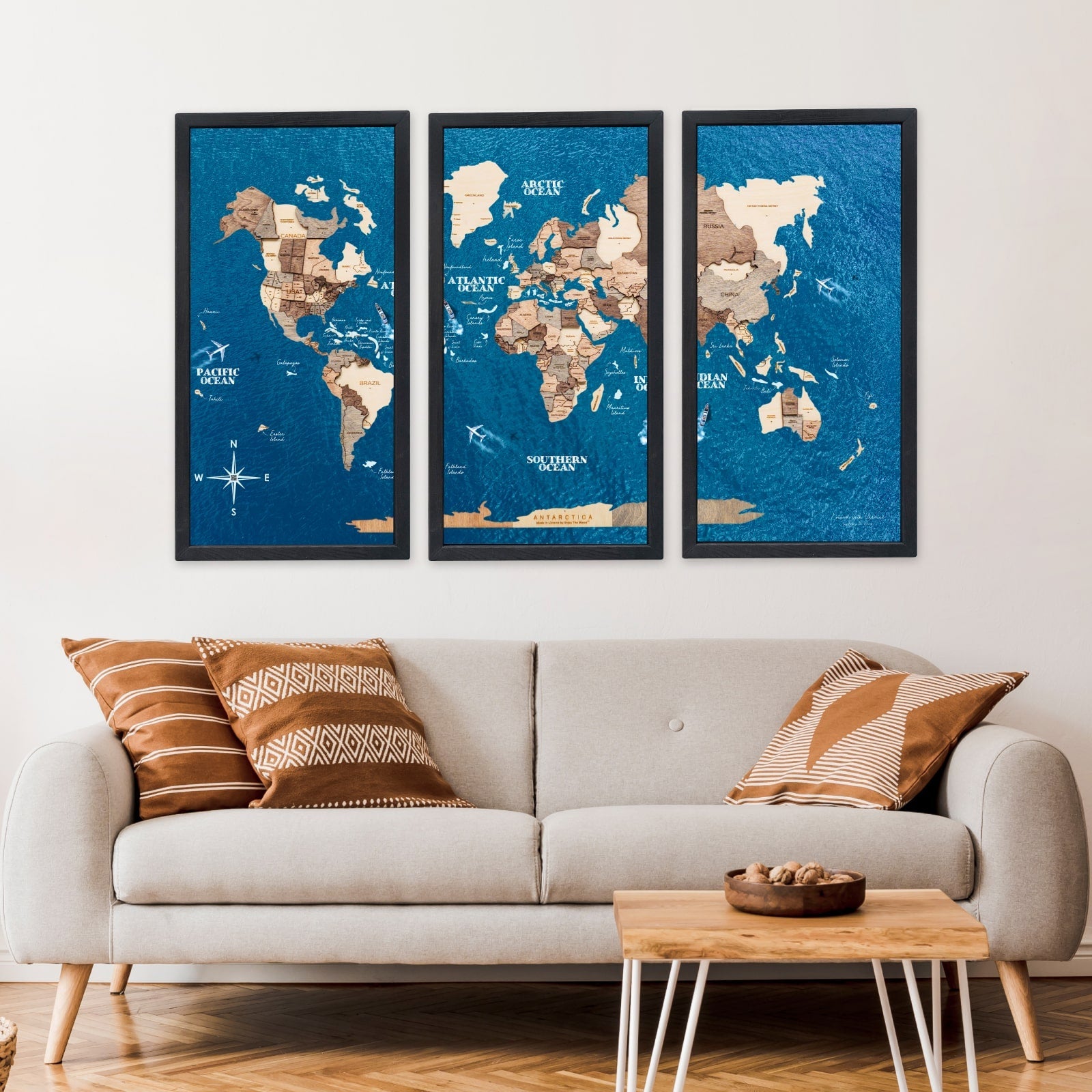 Triptych Wooden World Map Wall Art in Smokey Finish