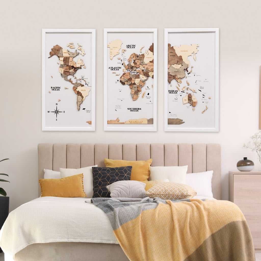 Triptych Wooden World Map Wall Art in Smokey Finish