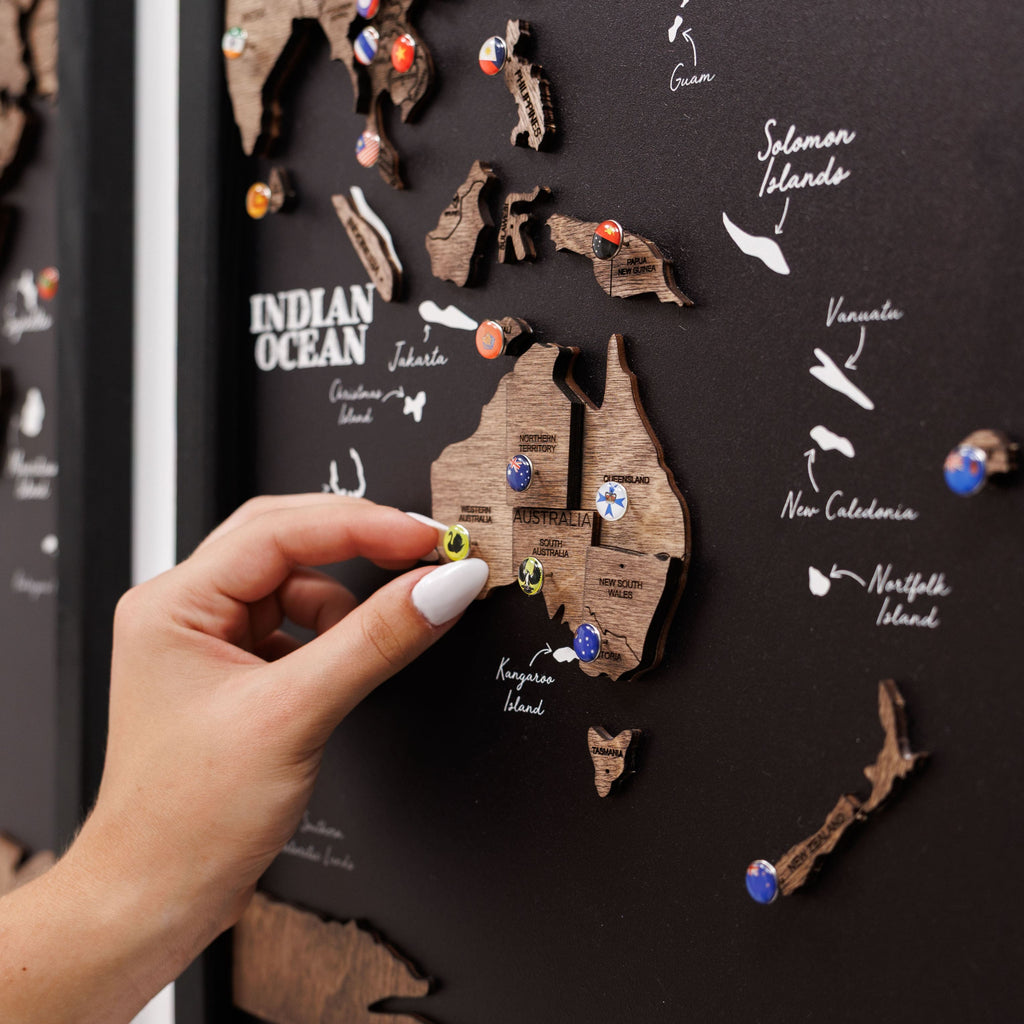 Triptych Wooden World Map Dark Walnut Modern Minimalist Wall Art