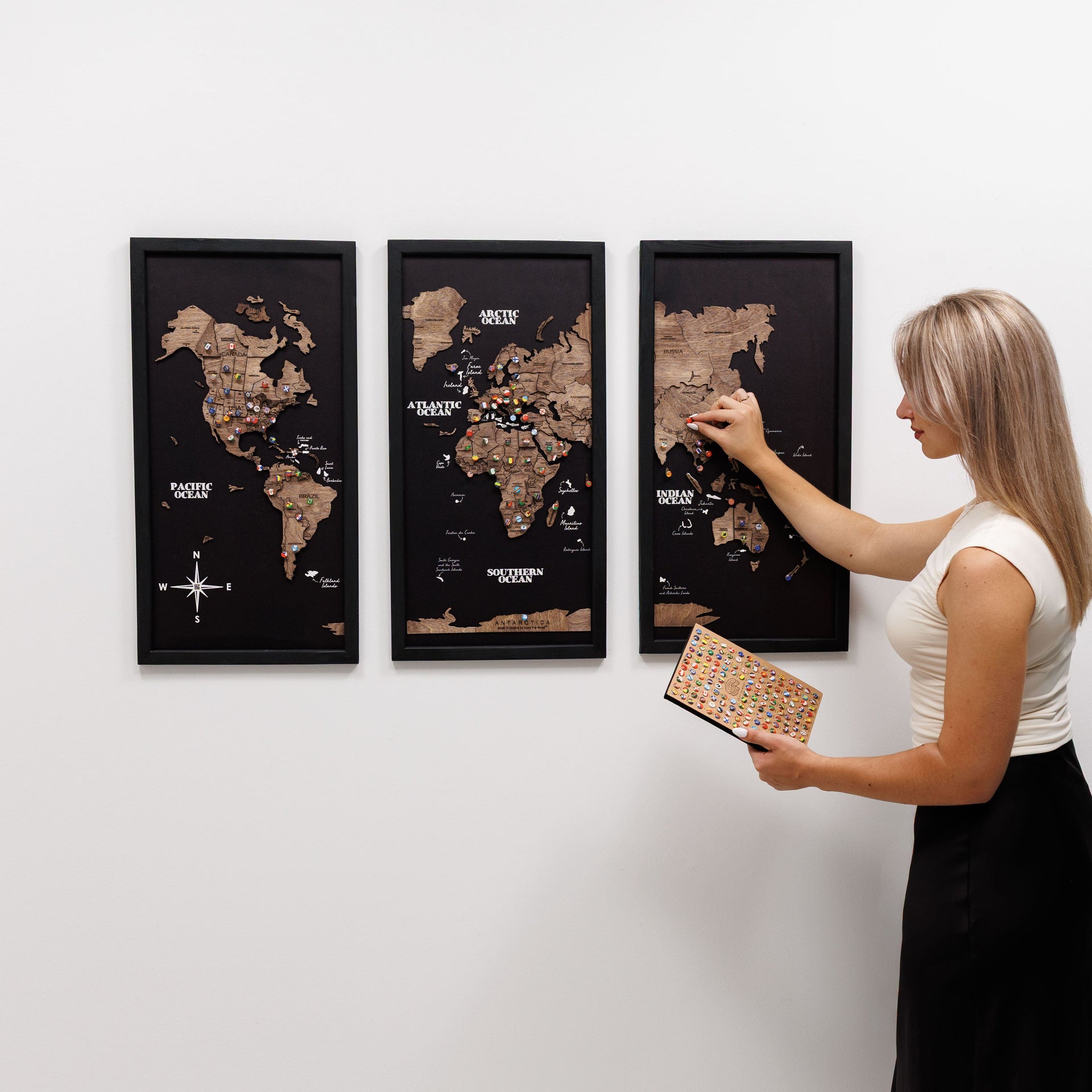 Triptych Wooden World Map Dark Walnut Modern Minimalist Wall Art