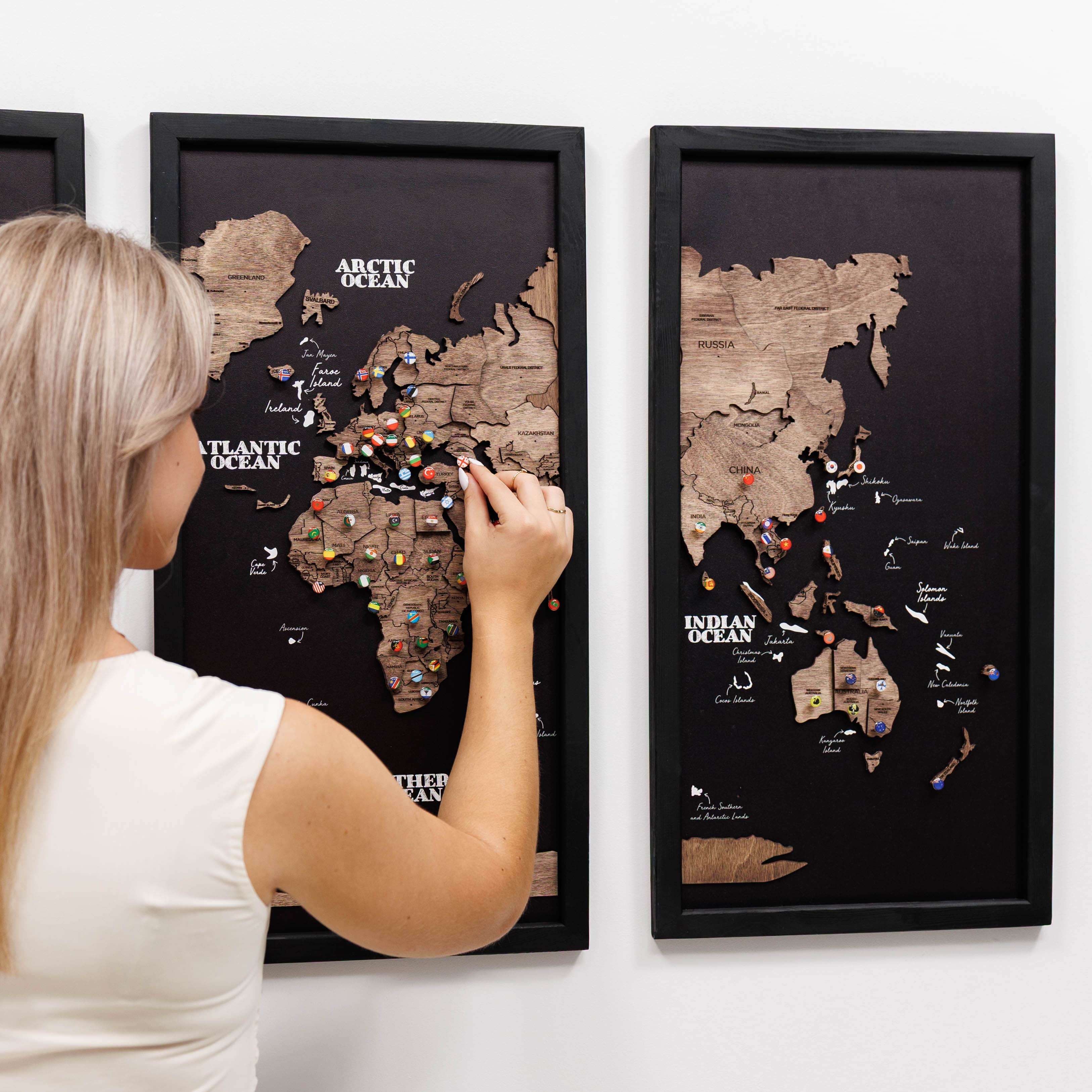 Triptych Wooden World Map Dark Walnut Modern Minimalist Wall Art