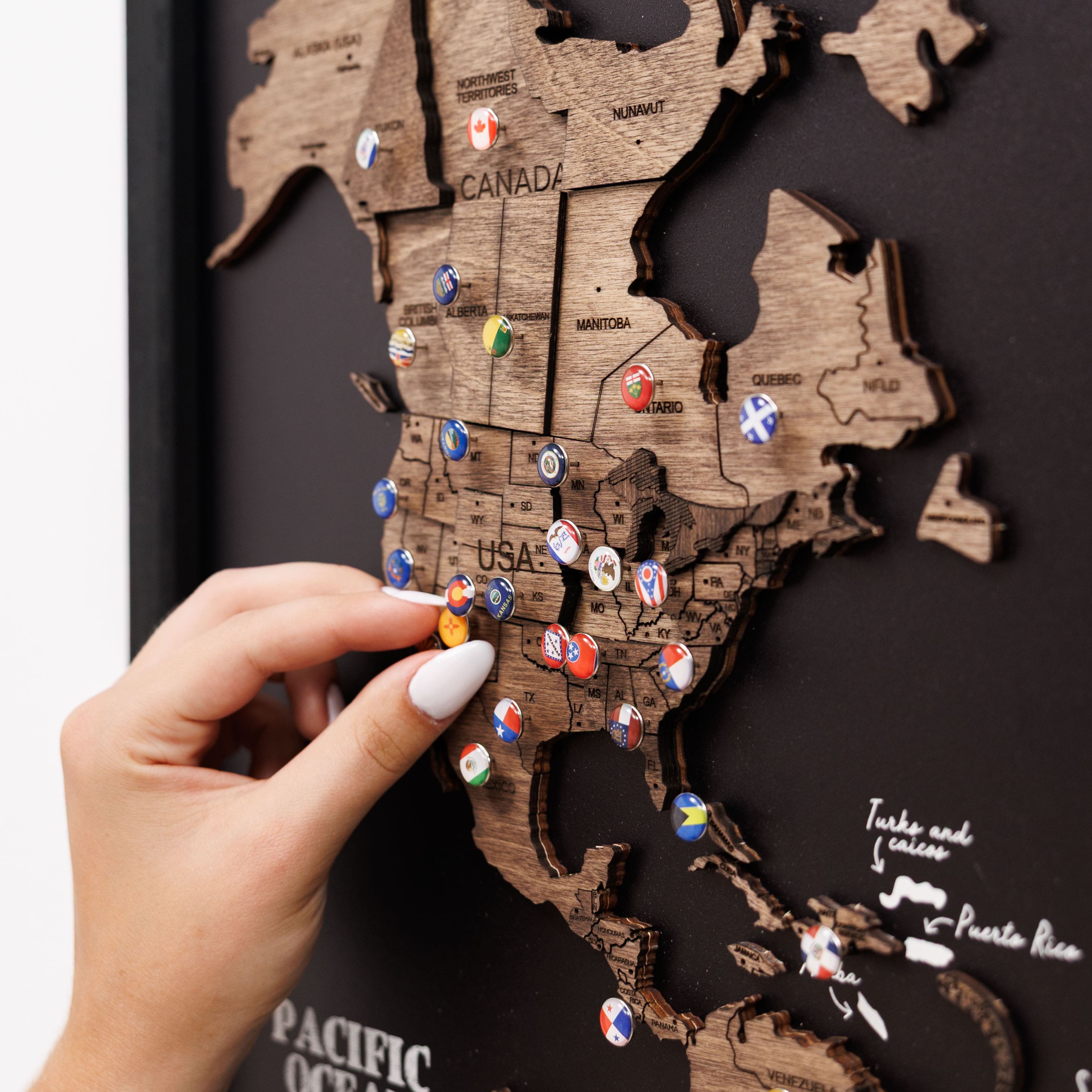 Triptych Wooden World Map Dark Walnut Modern Minimalist Wall Art