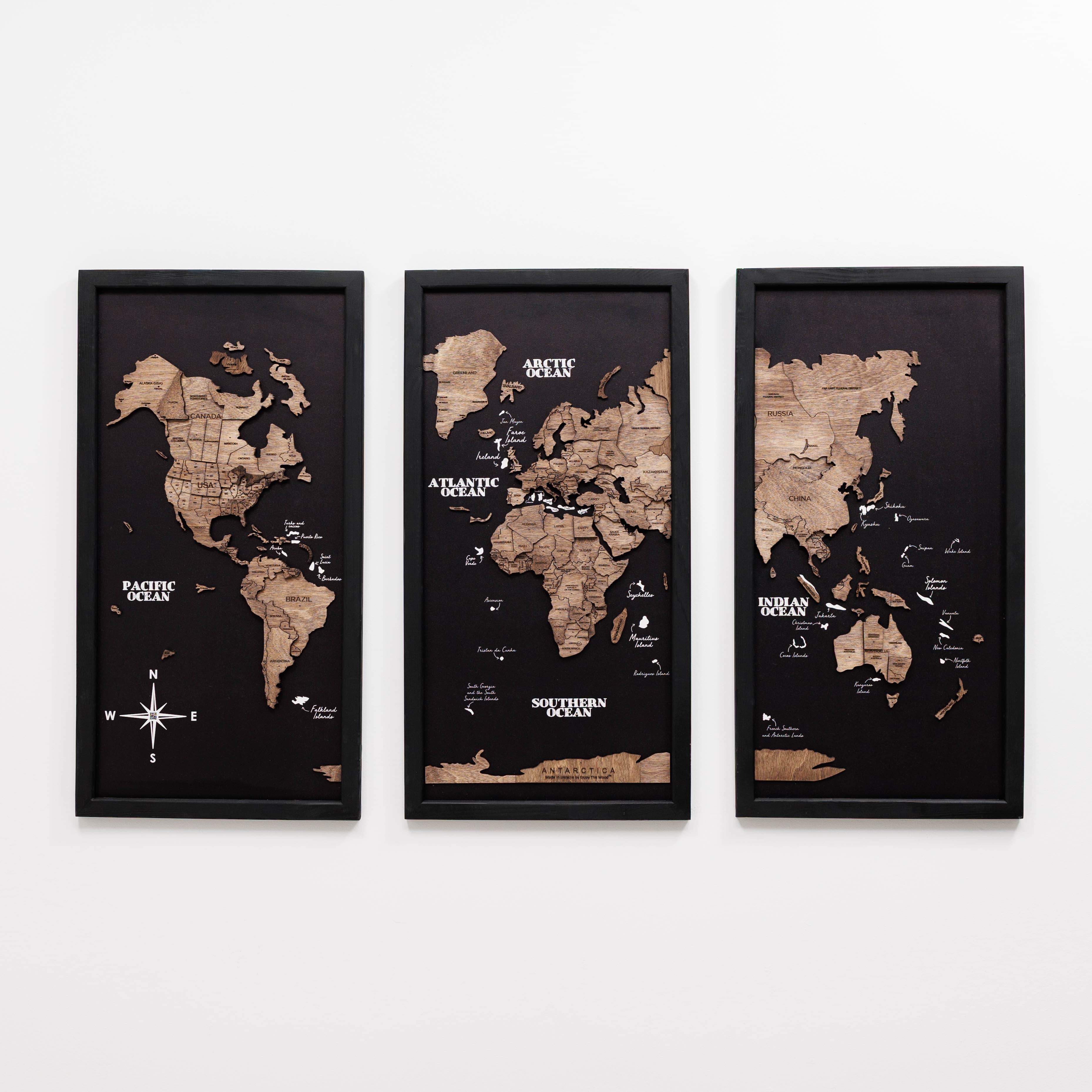 Triptych Wooden World Map Dark Walnut Modern Minimalist Wall Art