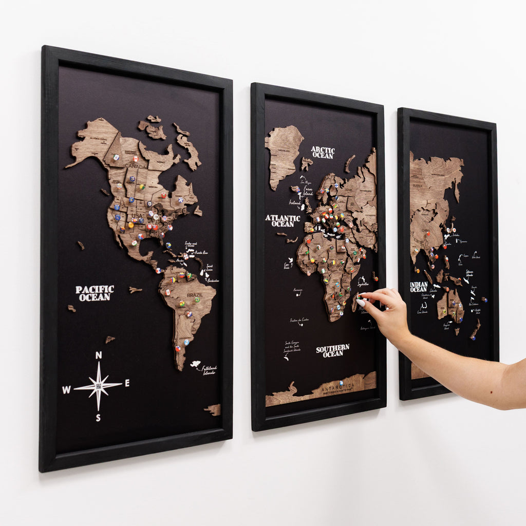 Triptych Wooden World Map Dark Walnut Modern Minimalist Wall Art