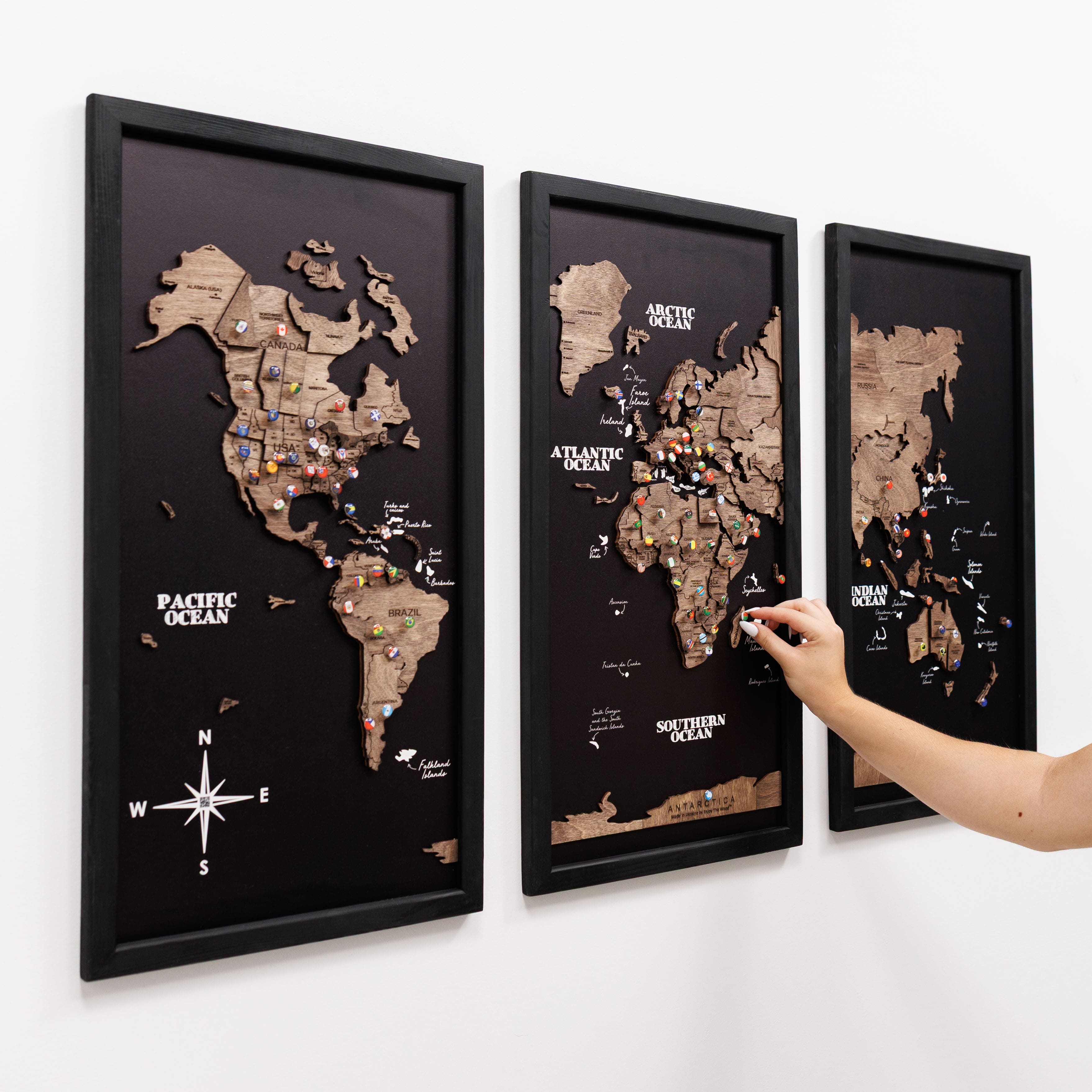 Triptych Wooden World Map Dark Walnut Modern Minimalist Wall Art