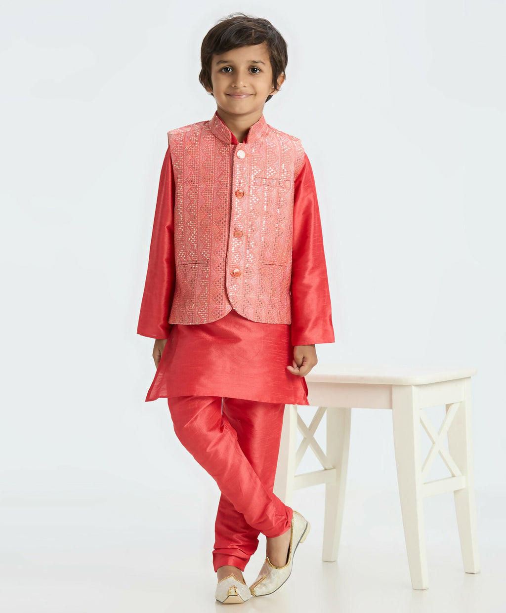 Kids Tomato Red Nehru Jacket Kurta Pajama Set with Sequin Work