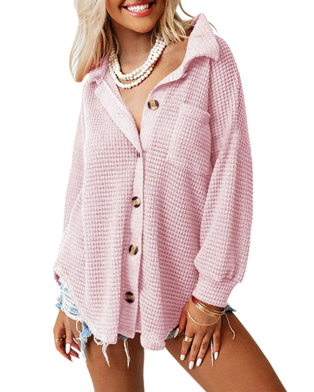 Dokotoo Womens Waffle Knit Shacket Jacket Casual Long Sleeve Button Down Shirts Dressy Blouses Tops Large Pink 1