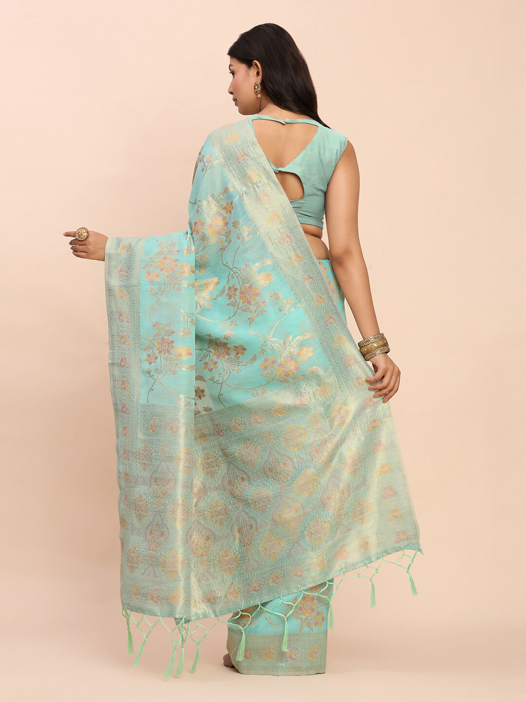 Sea Green Linen Cotton Saree with Matching Blouse Piece