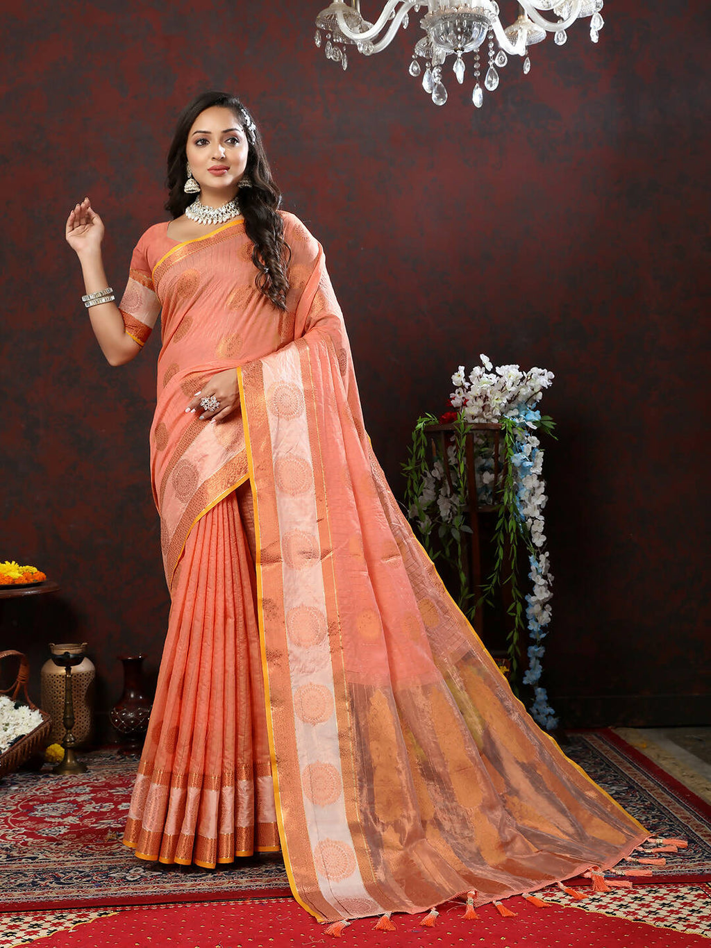 Peach Cotton Saree with Elegant Woven Zari Design