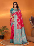 A beautiful red Banarasi saree in soft silk with intricate woven patterns and matching blouse piece.