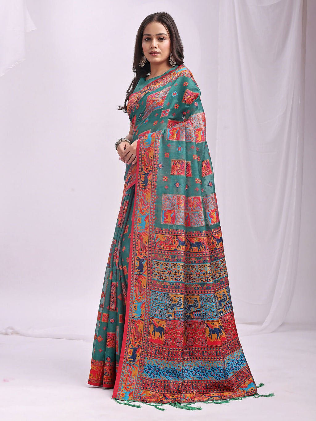 Rama Green Linen Cotton Saree with Matching Blouse Piece