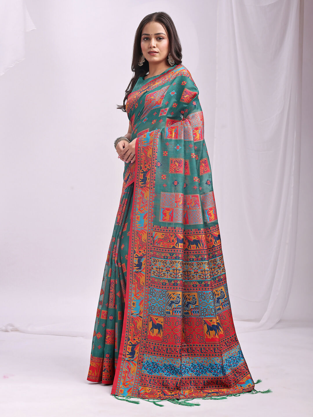 Rama Green Linen Cotton Saree with Matching Blouse Piece