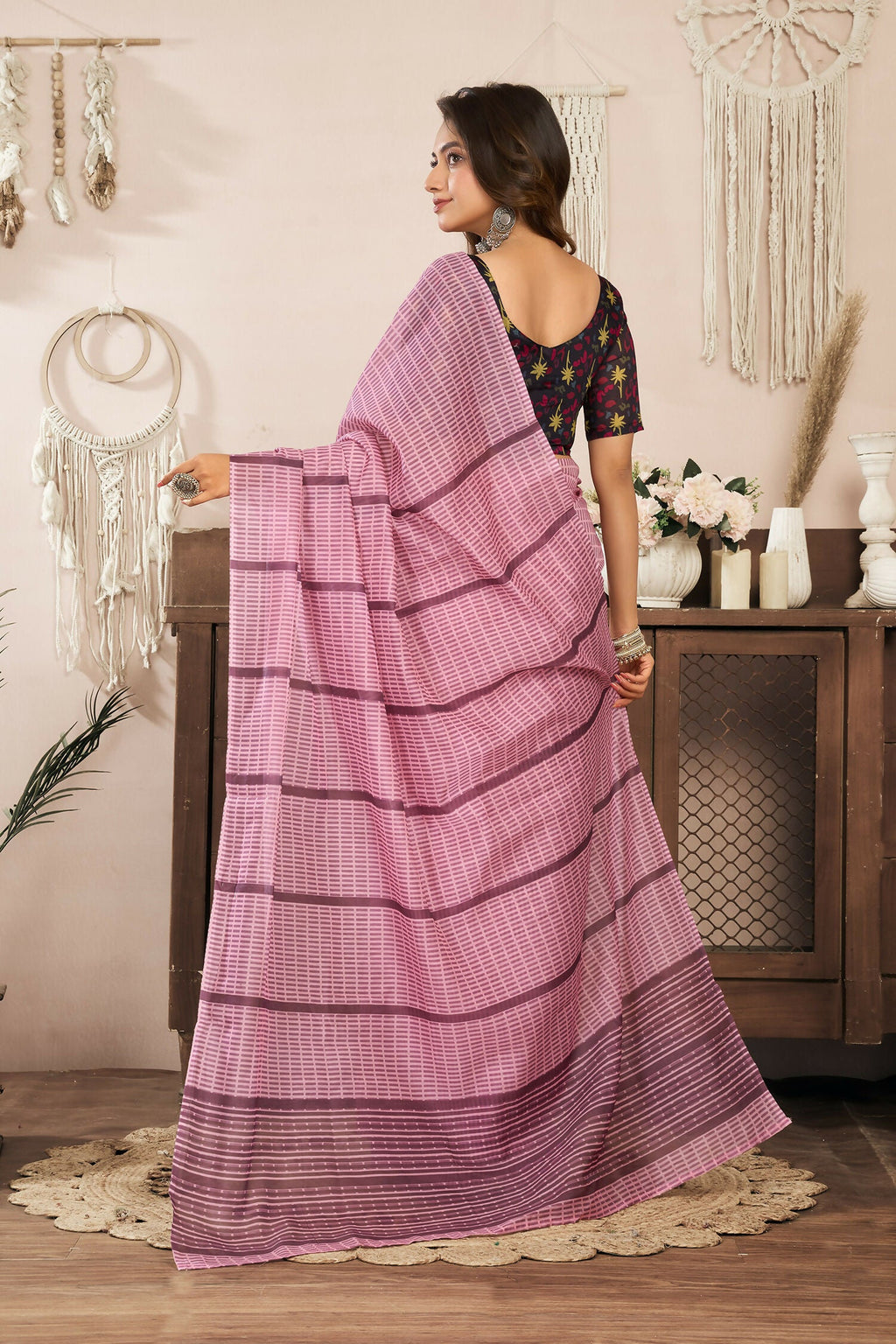 Coral Pink Paisley & Geometric Linen Ready To Wear Saree
