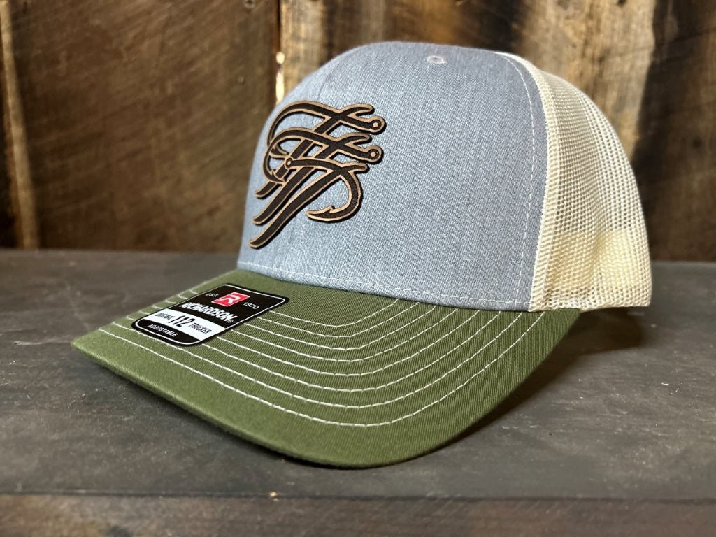 Grey & Olive Leather Patch Trucker Hat