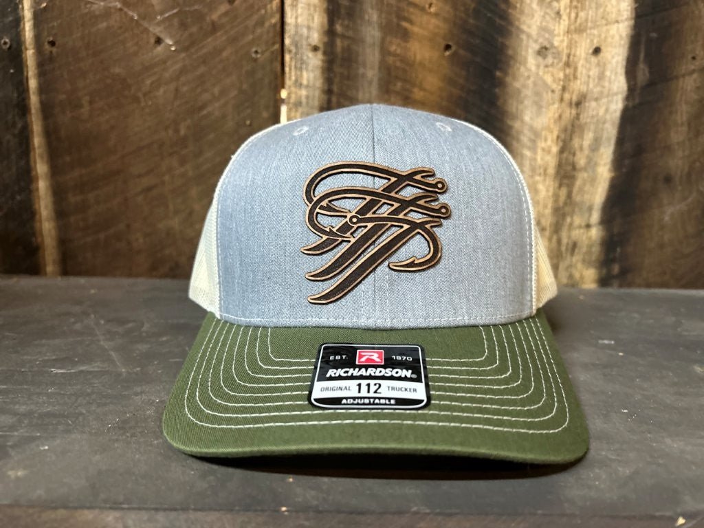 Grey & Olive Leather Patch Trucker Hat