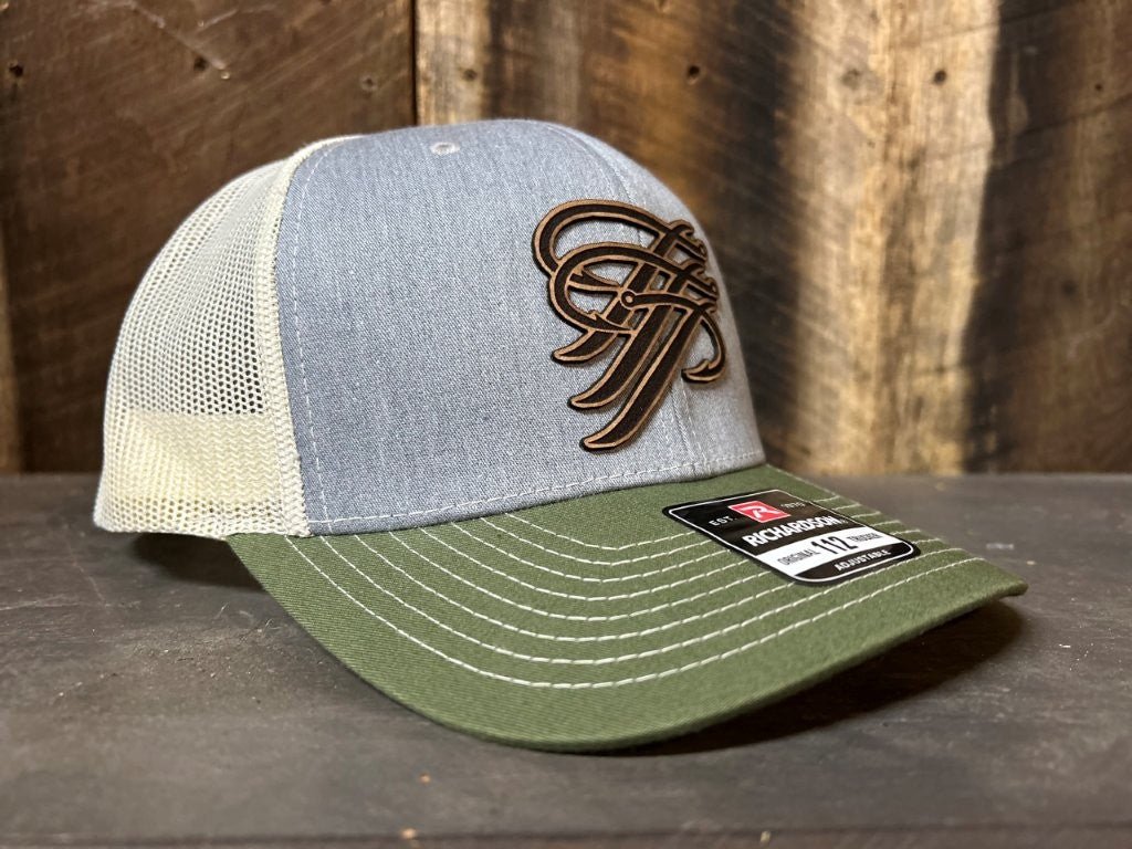 Grey & Olive Leather Patch Trucker Hat