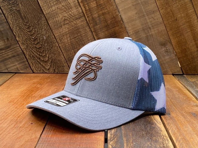 Heather Grey Patriotic Mesh Trucker Hat with Leather Logo