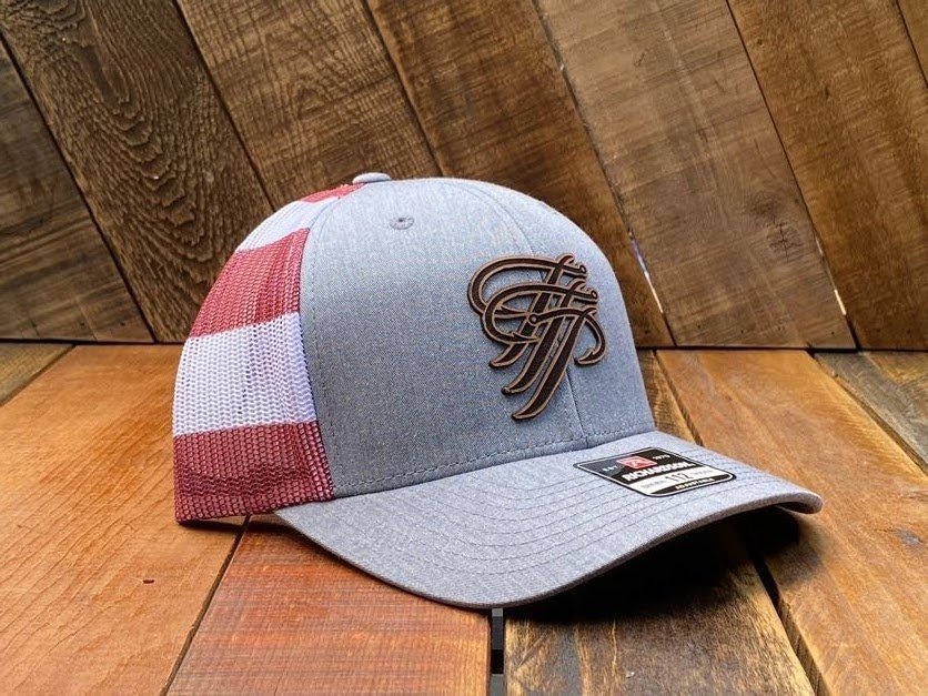 Heather Grey Patriotic Mesh Trucker Hat with Leather Logo