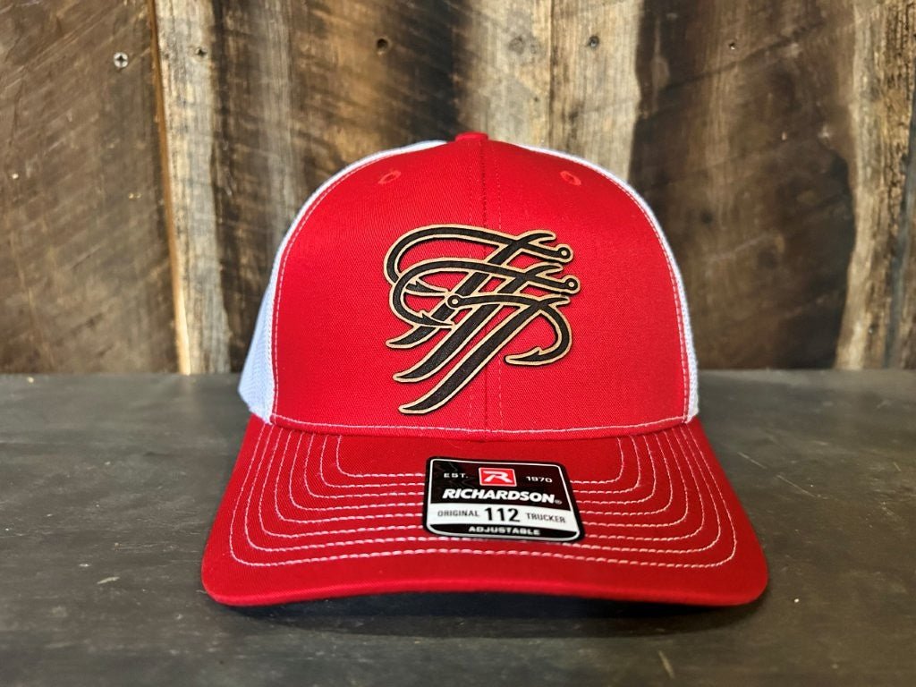 Red & White Mesh Trucker Hat with Leather Patch