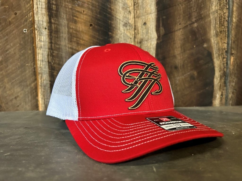 Red & White Mesh Trucker Hat with Leather Patch