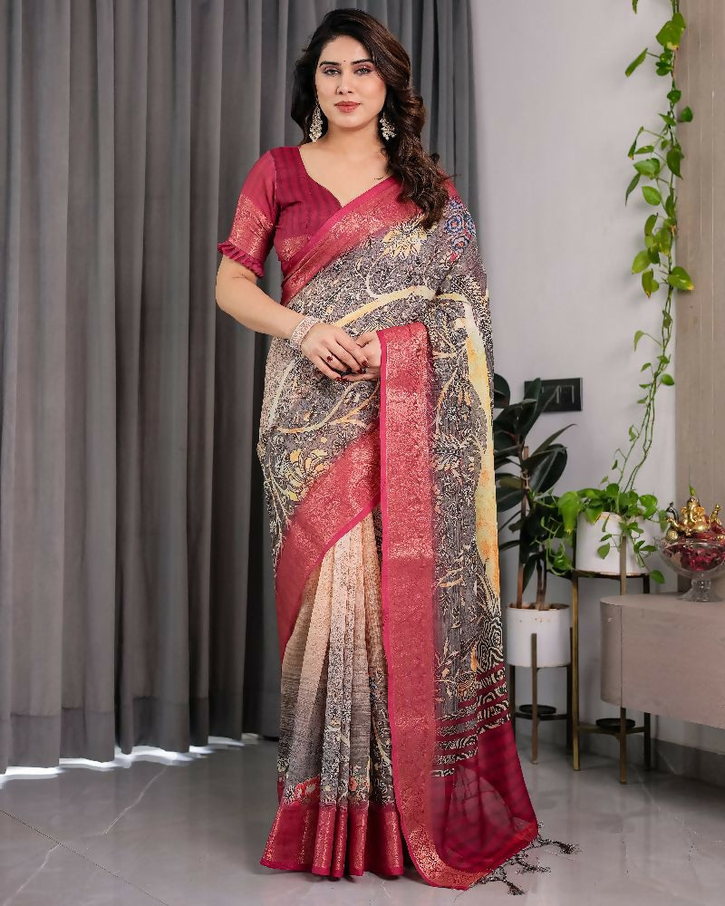 Wine colored pure handloom linen saree with matching blouse piece