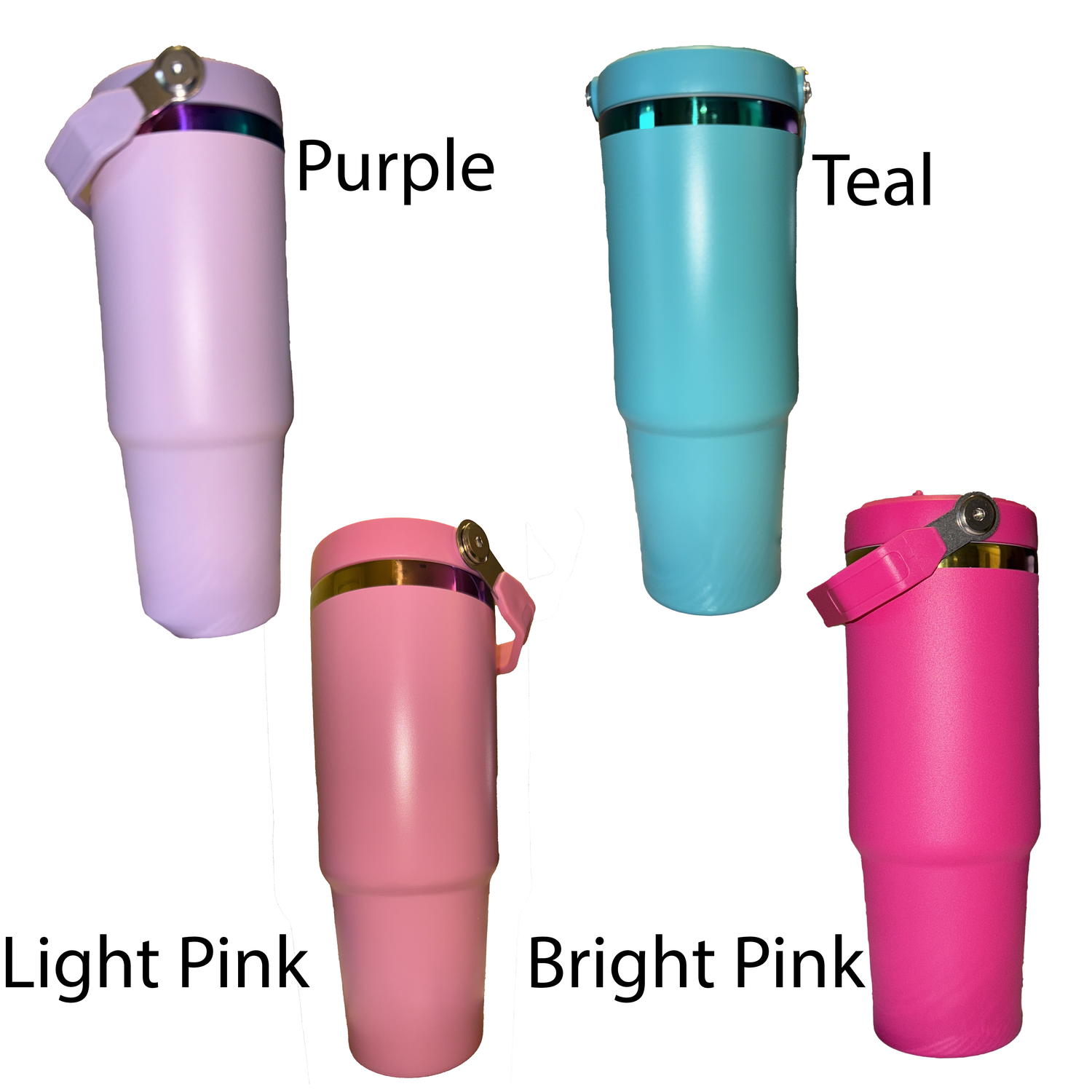 30oz rainbow colored tumbler with flip straw in teal, pink, and purple shades