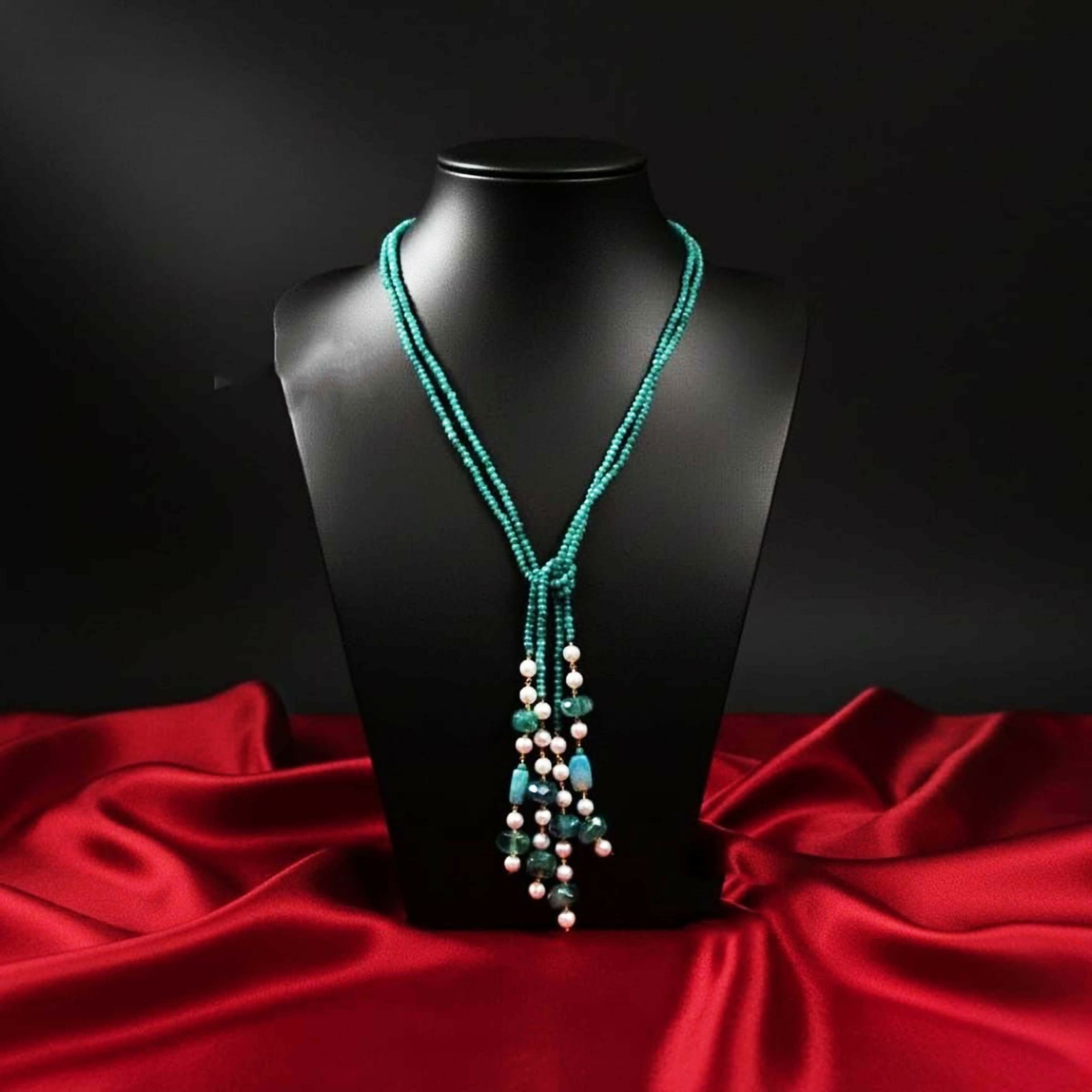Joban Fashion Women Green Adjustable 2-Line Long Beaded Statement Necklace